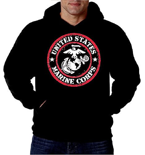 United States Marine Corps Stamp Hoodie, USMC Marines Mens Hoodie Pullover (Large) Black