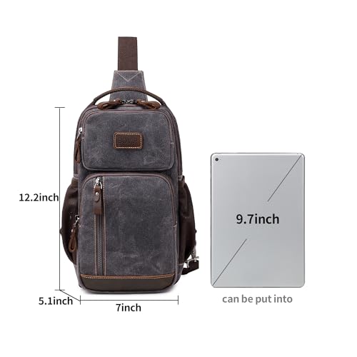 BOVIP Sling Bag for Men, Crossbody Bag Chest Bag Shoulder Bag Waterproof Waxed Canvas Sling Backpack Casual Daypack for Travel, Black Gray