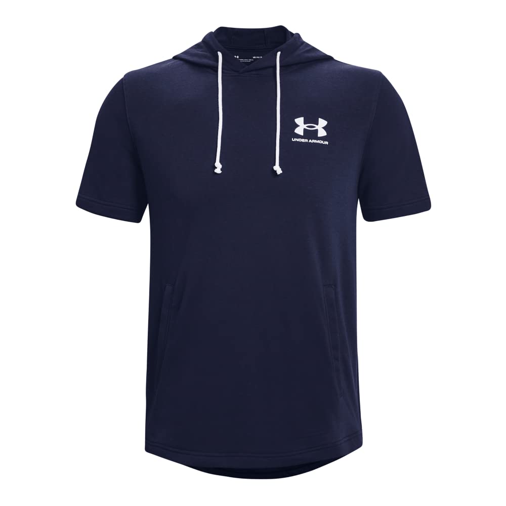 Under Armour Mens Rival Terry Short-Sleeve Hoodie, (410) Midnight Navy / / Onyx White, X-Small