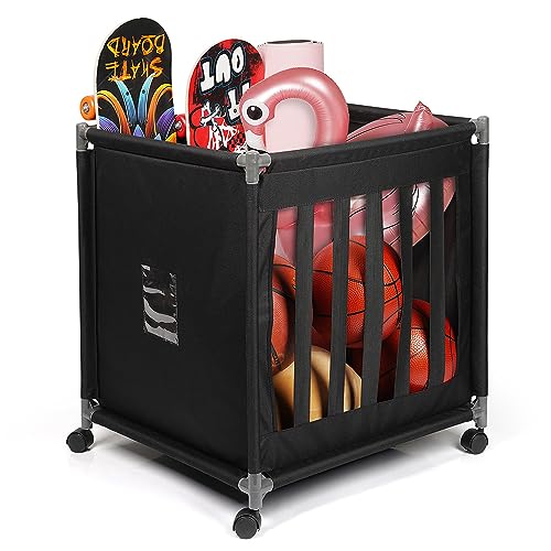 Exttlliy Rolling Ball Cart Sports Ball Storage Cart with Wheels Garage Ball Storage with Elastic Straps Basketball Rack for Sports Equipment Organizer Garage Storage Easy to Assemble (Black)