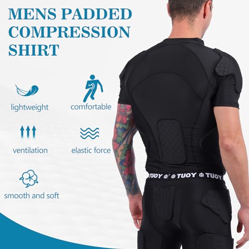 TUOYR Mens Football Padded Shirt Baseball Compression Shirt with Pads Chest Rib Protector Adult Protective Undershirt Heart Guard for Softball Rugby Lacrosse