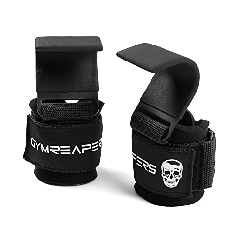Gymreapers Weight Lifting Hooks (Pair), Heavy Duty Power Wrist Straps Hand Grip Support for Deadlifts, Pull Ups, Shrugs - Gym Gloves for Men and Women (Black)