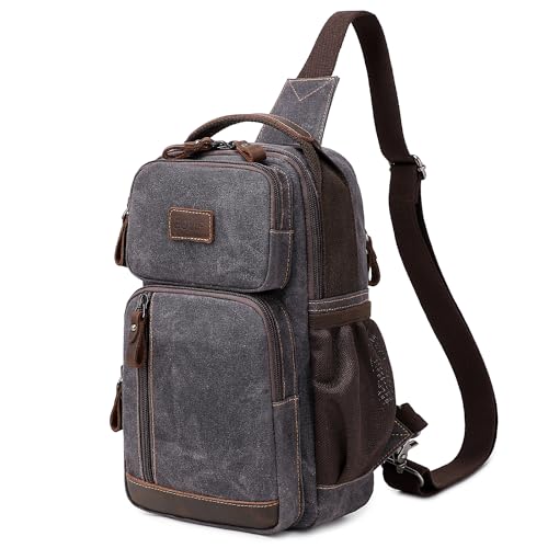 BOVIP Sling Bag for Men, Crossbody Bag Chest Bag Shoulder Bag Waterproof Waxed Canvas Sling Backpack Casual Daypack for Travel, Black Gray