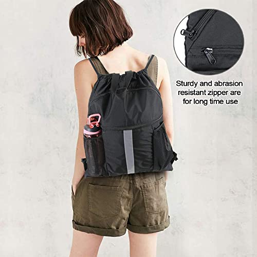 BeeGreen Orange Drawstring Backpack Bag with Shoe Compartment X-Large Black Gym Sports String Cinch Backpack Athletic Sackpack with Front Inside Zipper Pockets