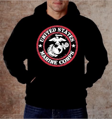 United States Marine Corps Stamp Hoodie, USMC Marines Mens Hoodie Pullover (Large) Black