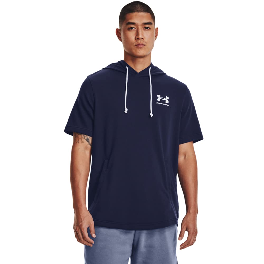 Under Armour Mens Rival Terry Short-Sleeve Hoodie, (410) Midnight Navy / / Onyx White, X-Small
