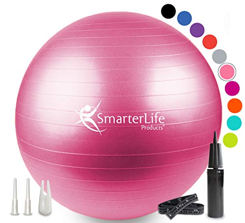 SmarterLife Workout Exercise Ball for Fitness, Yoga, Balance, Stability, or Birthing, Great as Yoga Ball Chair for Office or Exercise Gym Equipment for Home, Non-Slip Design (45 cm, Pink)