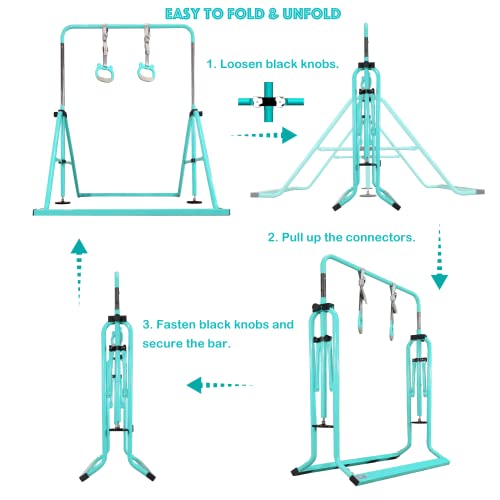 PreGymnastic Updated Folding Gymnastics Bar with Rings, Foldable Kip Bar with Sturdier Base, Gymnasitc Training Bar for Kids Ages 3-10, Gymnastic Horizontal Bars, Home Gym Equipment for Boys Girls