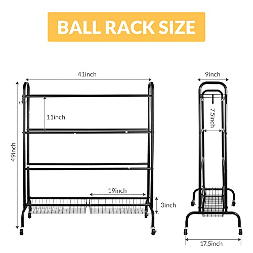 EXTCCT Basketball Rack, Outdoor Rolling Basketball Shooting Training Stand,Sports Equipment Storage with Wheels, Garage Four-layer ball Holder With Two Basket For Basketballs Footballs Volleyball
