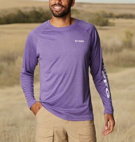 Columbia Men’s PFG Terminal Tackle Heather Long Sleeve Shirt, Sun Protection, Lime Glow Heather/White Logo, Small