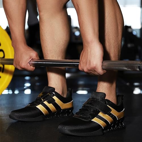 HusSeN Squat Deadlift Shoes for Mens Lightweight Anti-Skid Breathable Gym Sneakers Powerlifting Shoes Indoor Fitness Sneakers Balance Comprehensive Training Shoes Gold