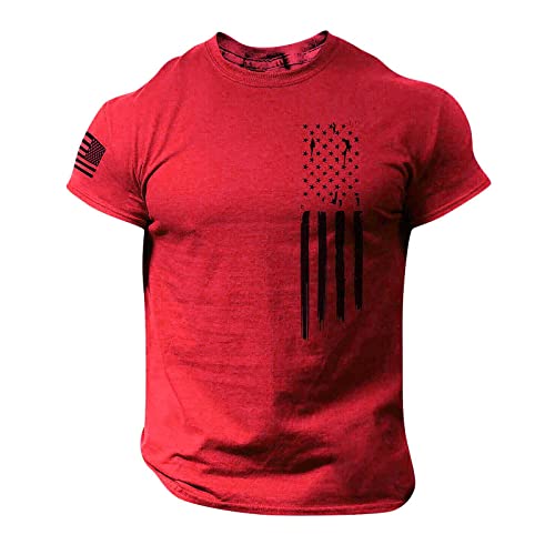 Ymosrh Clothes for Men Shirts, Patriotic American Flag Printed T-Shirt Casual Tees Work Shirts Mens Cotton (L, Red)