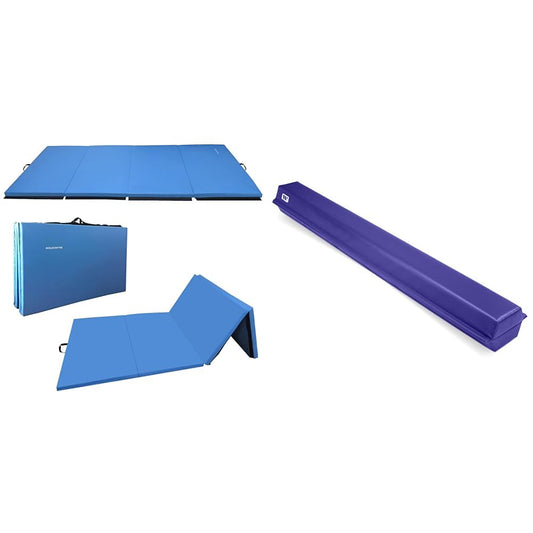 Signature Fitness 4'x8'x2" Extra Thick Gymnastics Mats and We Sell Mats 9 ft Folding Foam Balance Beam Bar Gymnastics Equipment Bundle