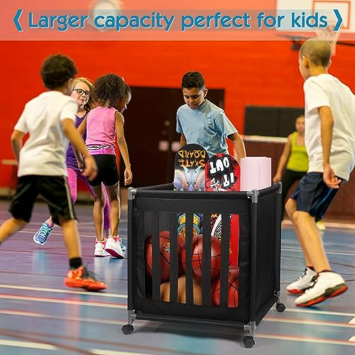 Exttlliy Rolling Ball Cart Sports Ball Storage Cart with Wheels Garage Ball Storage with Elastic Straps Basketball Rack for Sports Equipment Organizer Garage Storage Easy to Assemble (Black)