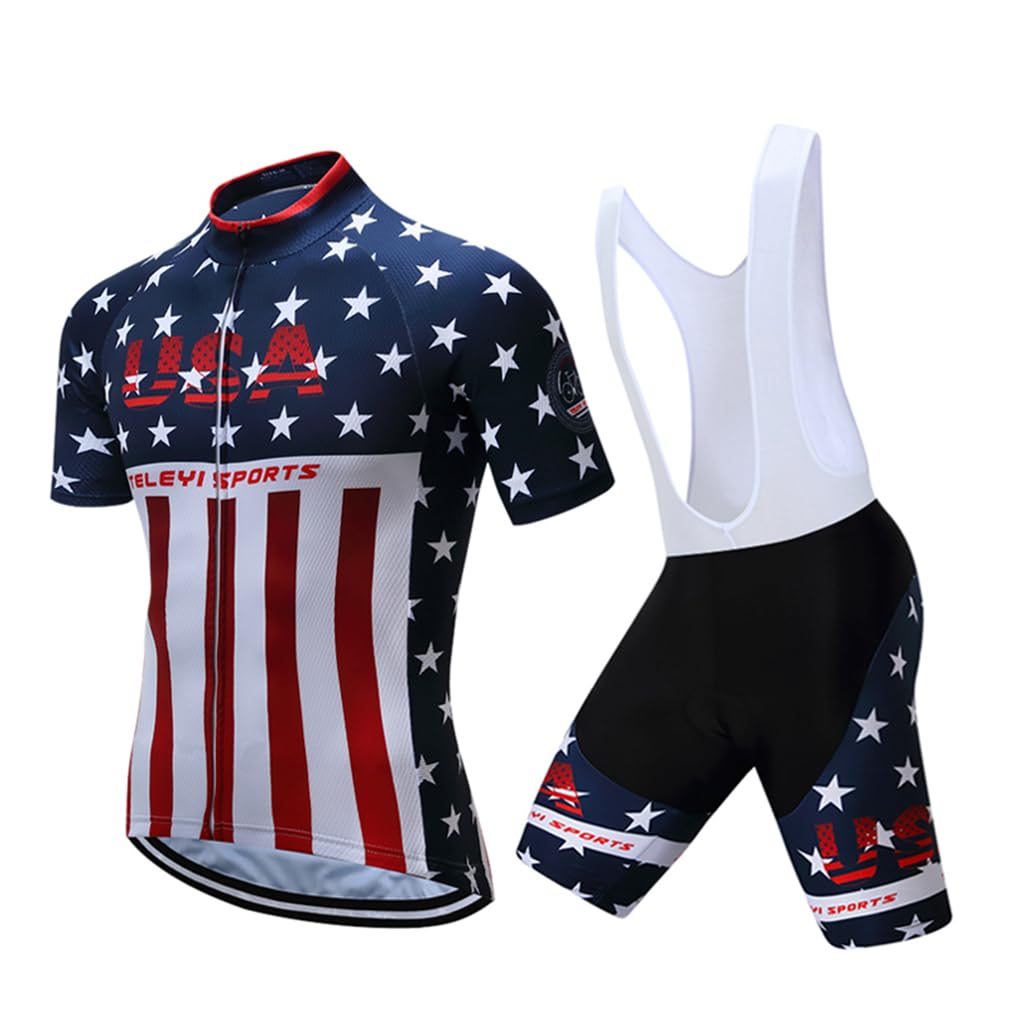 Shenshan Men's Summer USA Short Sleeve Cycling Jersey Set, Usa Blue-white, Tag XL(Chest 38.5-41"?