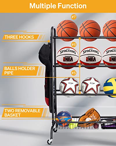 EXTCCT Basketball Rack, Outdoor Rolling Basketball Shooting Training Stand,Sports Equipment Storage with Wheels, Garage Four-layer ball Holder With Two Basket For Basketballs Footballs Volleyball