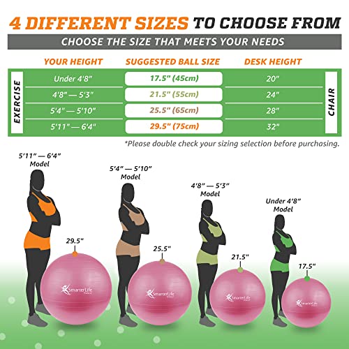 SmarterLife Workout Exercise Ball for Fitness, Yoga, Balance, Stability, or Birthing, Great as Yoga Ball Chair for Office or Exercise Gym Equipment for Home, Non-Slip Design (45 cm, Pink)