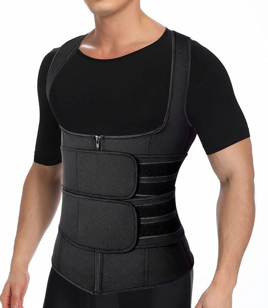 SHAPERIN Men Neoprene Waist Trainer Open Bust Sweat Suana Suit Body Shaper Tank Top with 2 Belts Black S