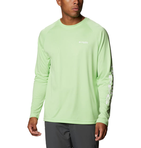 Columbia Men’s PFG Terminal Tackle Heather Long Sleeve Shirt, Sun Protection, Lime Glow Heather/White Logo, Small
