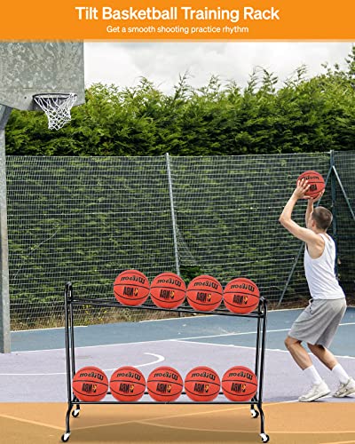 EXTCCT Tilt Basketball Rack Ball Storage Holder - Tilt Basketball Shooting Training Rack, Garage Sports Equipment Organizer, Outdoor and Indoor Rolling Balls Cart with Wheels