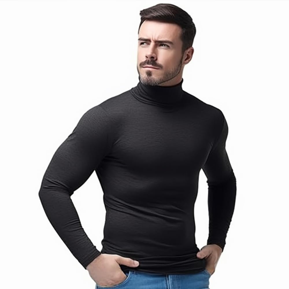 SALNIER Men Basic Turtleneck Slim Fit Long Sleeve Pullover Top Solid Thermal Knitted T-Shirt Sweaters Soft Lightweight Shirt (Black, L)