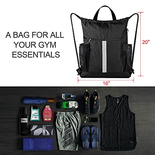 BeeGreen Moss Green Drawstring Bag Pack Sport Cinch Sack with Shoe Compartment and Two Side Mesh Pockets Heavy Duty Gym String Backpack for Unisex