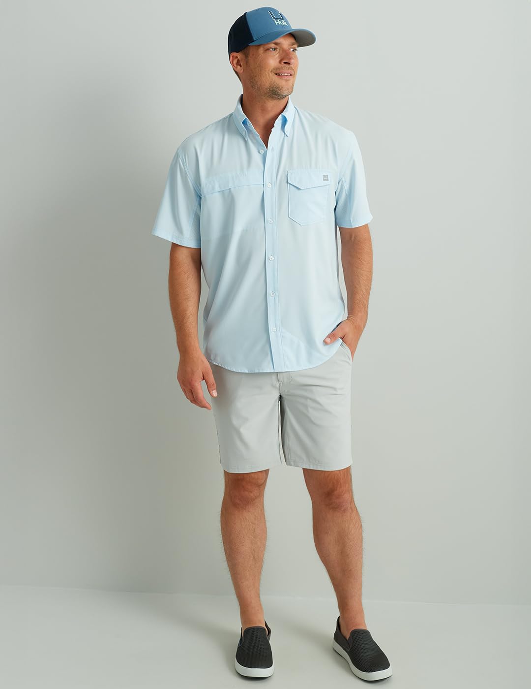 HUK Standard Tide Point Solid Short Sleeve Shirt, Button Down for Men, Ice Water
