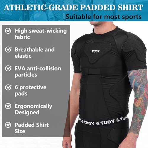 TUOYR Mens Football Padded Shirt Baseball Compression Shirt with Pads Chest Rib Protector Adult Protective Undershirt Heart Guard for Softball Rugby Lacrosse