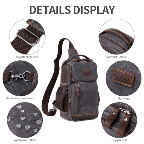 BOVIP Sling Bag for Men, Crossbody Bag Chest Bag Shoulder Bag Waterproof Waxed Canvas Sling Backpack Casual Daypack for Travel, Black Gray
