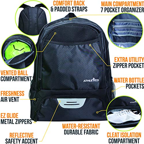 Athletico Youth Soccer Bag - Soccer Backpack & Bags for Basketball, Volleyball & Football | Includes Separate Cleat and Ball Compartment (Black)