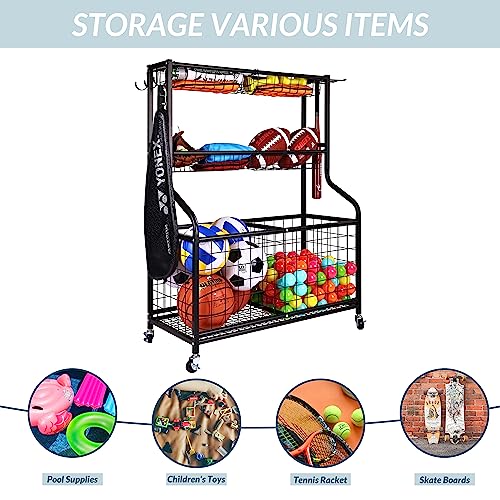 Fitvids Garage Sports Equipment Organizer, Garage Ball Storage, Sports Gear Storage, Garage Organizer with Baskets and Hooks, Rolling Sports Ball Storage Cart, Black, Steel