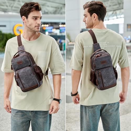 BOVIP Sling Bag for Men, Crossbody Bag Chest Bag Shoulder Bag Waterproof Waxed Canvas Sling Backpack Casual Daypack for Travel, Black Gray