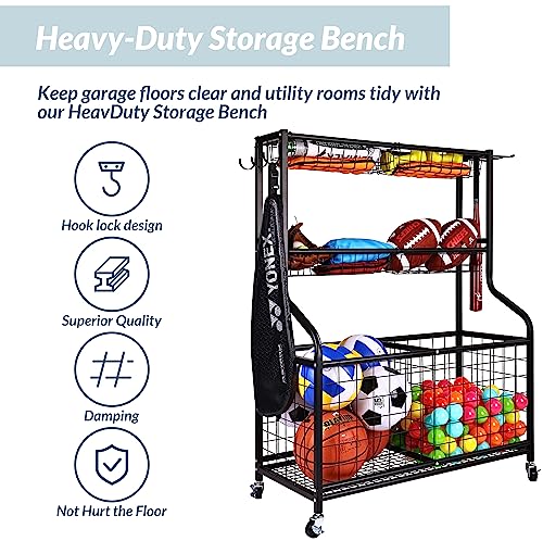 Fitvids Garage Sports Equipment Organizer, Garage Ball Storage, Sports Gear Storage, Garage Organizer with Baskets and Hooks, Rolling Sports Ball Storage Cart, Black, Steel