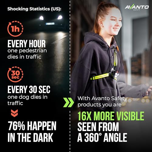 AVANTO Triple Beam Chest Lamp, Original, 500 Lumen LED Night Running Lights for Runners, Dog Walking Light, Long 5-7h Usetime, USB-C Rechargeable Battery, Running Headlamp, Reflective Vest, Black