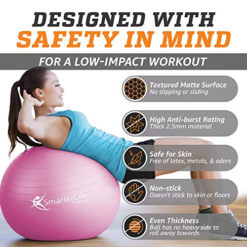 SmarterLife Workout Exercise Ball for Fitness, Yoga, Balance, Stability, or Birthing, Great as Yoga Ball Chair for Office or Exercise Gym Equipment for Home, Non-Slip Design (45 cm, Pink)