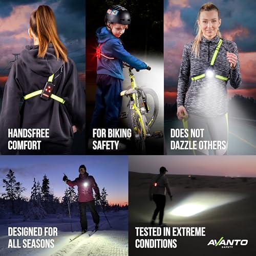 AVANTO Triple Beam Chest Lamp, Original, 500 Lumen LED Night Running Lights for Runners, Dog Walking Light, Long 5-7h Usetime, USB-C Rechargeable Battery, Running Headlamp, Reflective Vest, Black