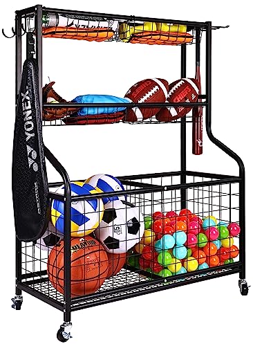 Fitvids Garage Sports Equipment Organizer, Garage Ball Storage, Sports Gear Storage, Garage Organizer with Baskets and Hooks, Rolling Sports Ball Storage Cart, Black, Steel
