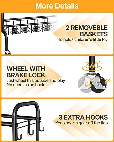 EXTCCT Basketball Rack, Outdoor Rolling Basketball Shooting Training Stand,Sports Equipment Storage with Wheels, Garage Four-layer ball Holder With Two Basket For Basketballs Footballs Volleyball