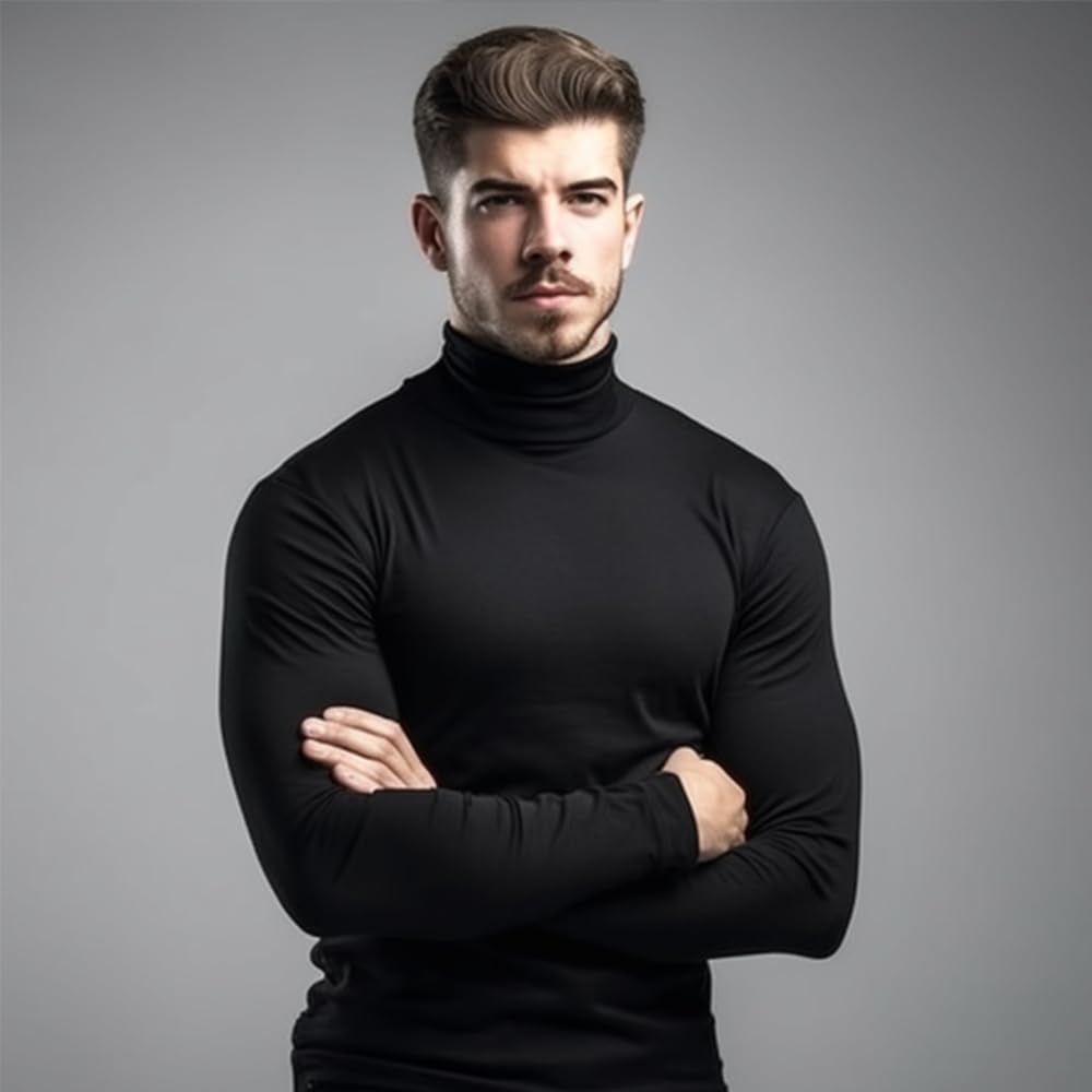 SALNIER Men Basic Turtleneck Slim Fit Long Sleeve Pullover Top Solid Thermal Knitted T-Shirt Sweaters Soft Lightweight Shirt (Black, L)