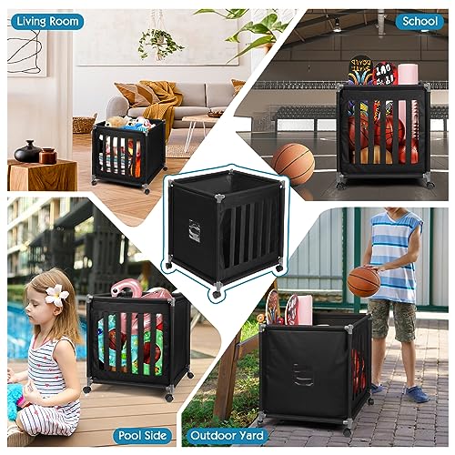 Exttlliy Rolling Ball Cart Sports Ball Storage Cart with Wheels Garage Ball Storage with Elastic Straps Basketball Rack for Sports Equipment Organizer Garage Storage Easy to Assemble (Black)