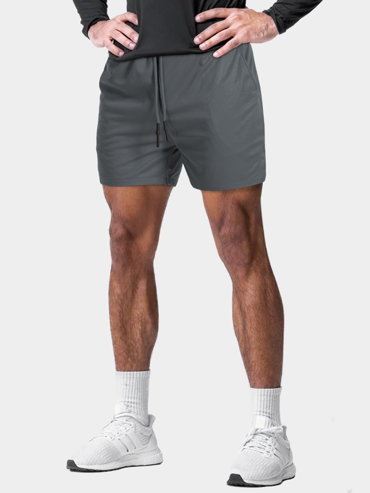 Aolesy Men's 2 in 1 Workout Running Shorts Lightweight Gym 5 Inch Short with Zipper Pockets Training Athletic Shorts with Liner Dark Grey