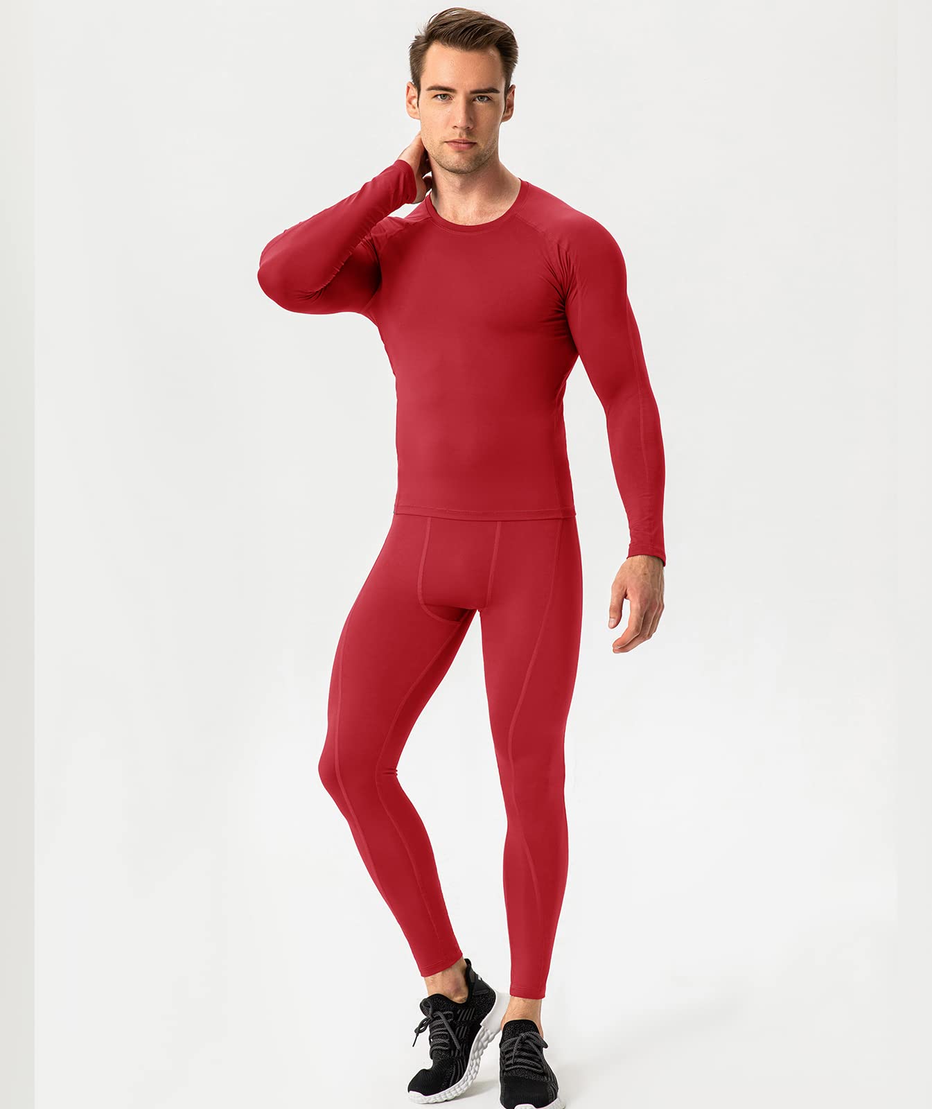 Red Men's Compression Shirts Long Sleeve, Dry Fit Athletic Workout Gym Shirts Sports Base Layer Top Running T-Shirt
