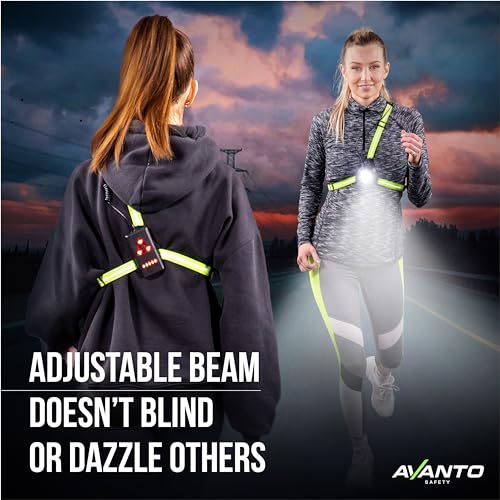 AVANTO Triple Beam Chest Lamp, Original, 500 Lumen LED Night Running Lights for Runners, Dog Walking Light, Long 5-7h Usetime, USB-C Rechargeable Battery, Running Headlamp, Reflective Vest, Black