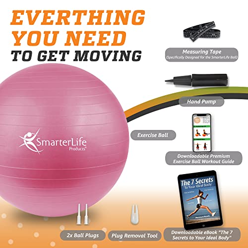 SmarterLife Workout Exercise Ball for Fitness, Yoga, Balance, Stability, or Birthing, Great as Yoga Ball Chair for Office or Exercise Gym Equipment for Home, Non-Slip Design (45 cm, Pink)