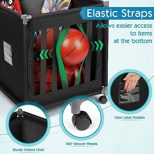 Exttlliy Rolling Ball Cart Sports Ball Storage Cart with Wheels Garage Ball Storage with Elastic Straps Basketball Rack for Sports Equipment Organizer Garage Storage Easy to Assemble (Black)
