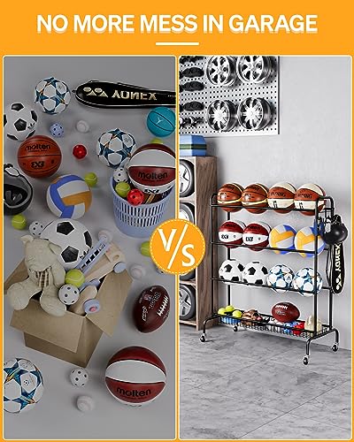 EXTCCT Basketball Rack, Outdoor Rolling Basketball Shooting Training Stand,Sports Equipment Storage with Wheels, Garage Four-layer ball Holder With Two Basket For Basketballs Footballs Volleyball