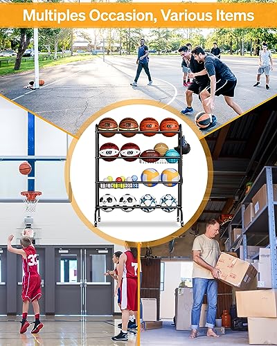 EXTCCT Basketball Rack, Outdoor Rolling Basketball Shooting Training Stand,Sports Equipment Storage with Wheels, Garage Four-layer ball Holder With Two Basket For Basketballs Footballs Volleyball