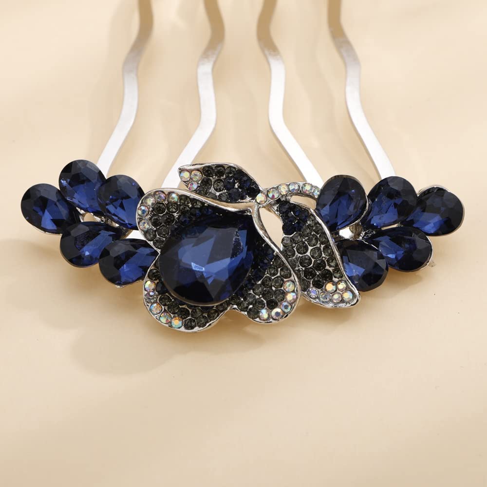 Aimimier Flower Crystal Styling Hair Combs Dainty Rhinestone Twist Combs Alloy Hair Pieces Hair Accessories for Women and Girls(Blue)