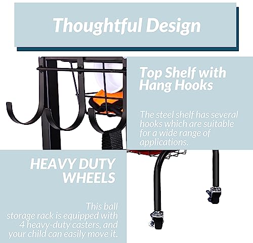 Fitvids Garage Sports Equipment Organizer, Garage Ball Storage, Sports Gear Storage, Garage Organizer with Baskets and Hooks, Rolling Sports Ball Storage Cart, Black, Steel