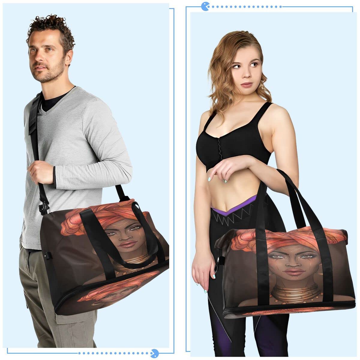 Gym Bag Sports Travel Duffel Bag Weekender Overnight Bag with Wet Pocket Shoes Compartment and Toiletry Bag African American Woman for Travel, Business,Gym, Yoga